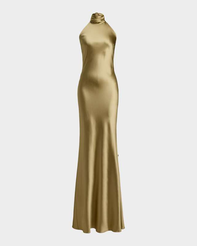 Chilton Halter Stretch Satin Evening Dress